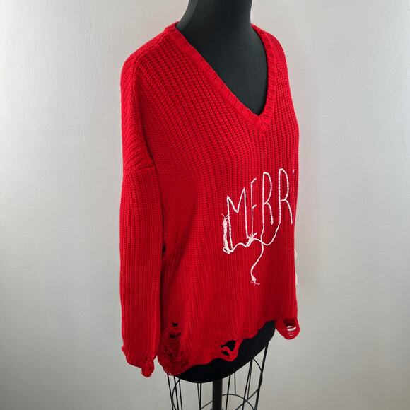 PEACE LOVE WORLD Red Destructed Affirmation V-Neck "Merry" Pullover Sweater 1X - Picture 5 of 9
